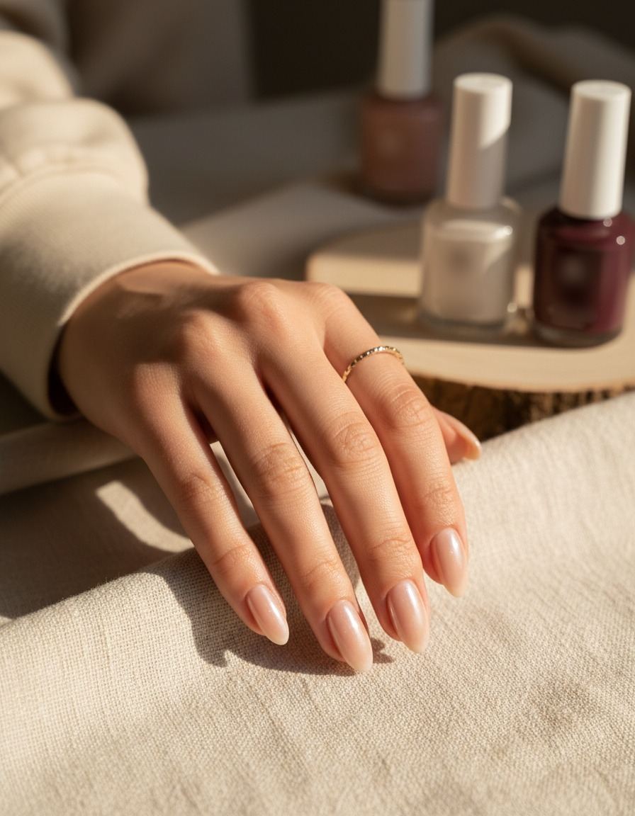 Close-up van amandelvormige nagels met een zachte parelmoer chrome over nude, op ivoorkleurig linnen