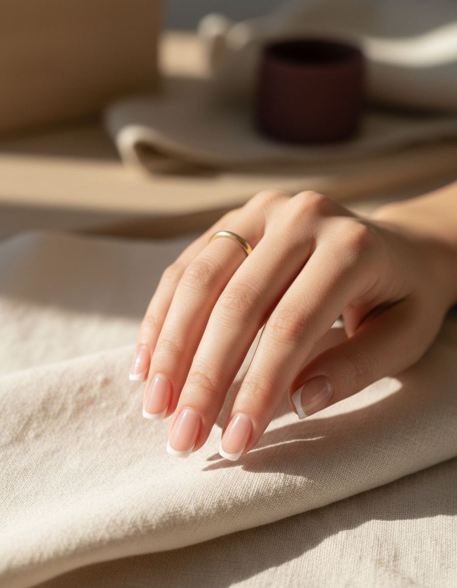 Close-up van korte zacht vierkante nagels met een moderne French: nude met een heel dunne witte rand
