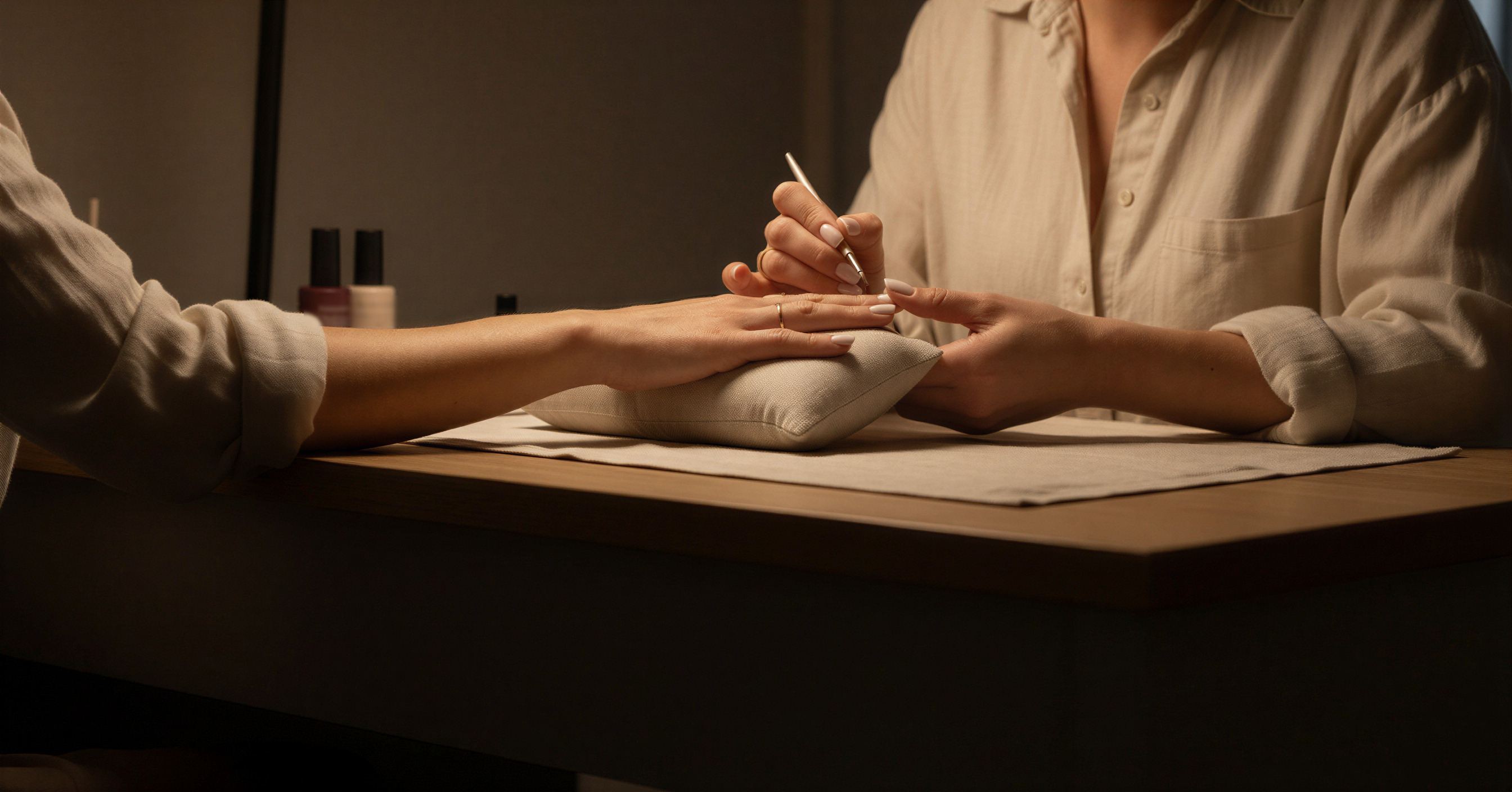 Een nagelstyliste werkt met een dun penseel een melkwitte BIAB-nagel af op de hand van een klant