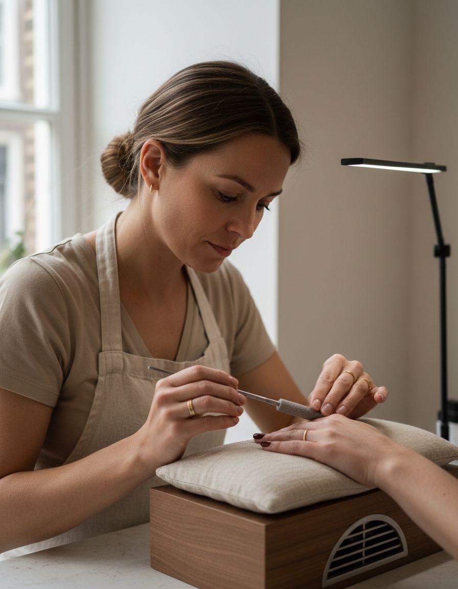 Iris Vermeulen aan haar werktafel, met donkerblond haar in een lage knot en een crèmekleurig linnen schort